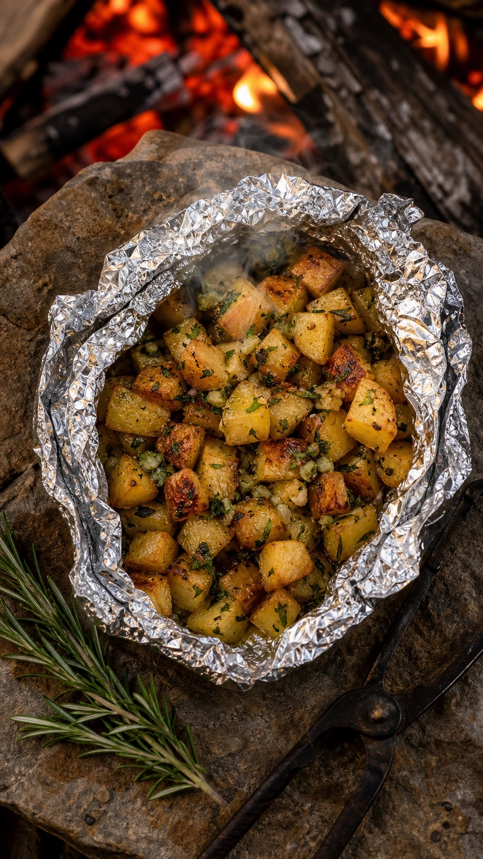 Steaming garlic butter potatoes in an open foil packet, crispy and golden-brown, with parsley and tongs near a fire pit.