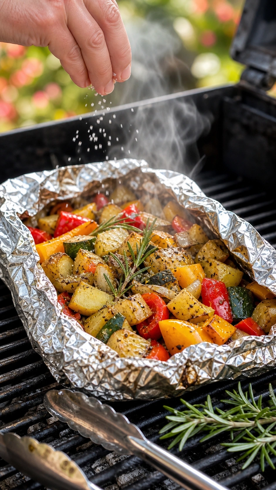 Steaming Grilled Vegetable Foil Packets With Seasoned Potatoes, Peppers, And Zucchini On Backyard Grill Grates.