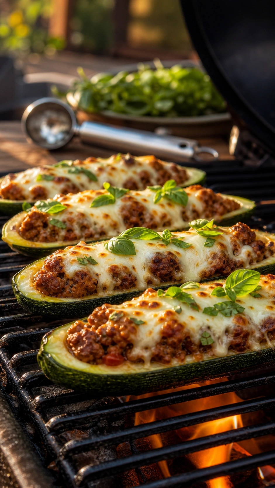 Stuffed zucchini boats with Italian sausage, ricotta, and melted mozzarella cheese cooking on outdoor grill grates.