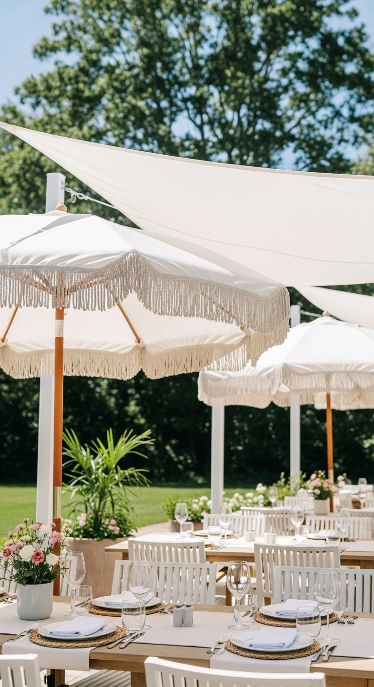 Stylish Fringed Market Umbrella Providing Shade Over A White Outdoor Dining Area Against A Clear Blue Sky.