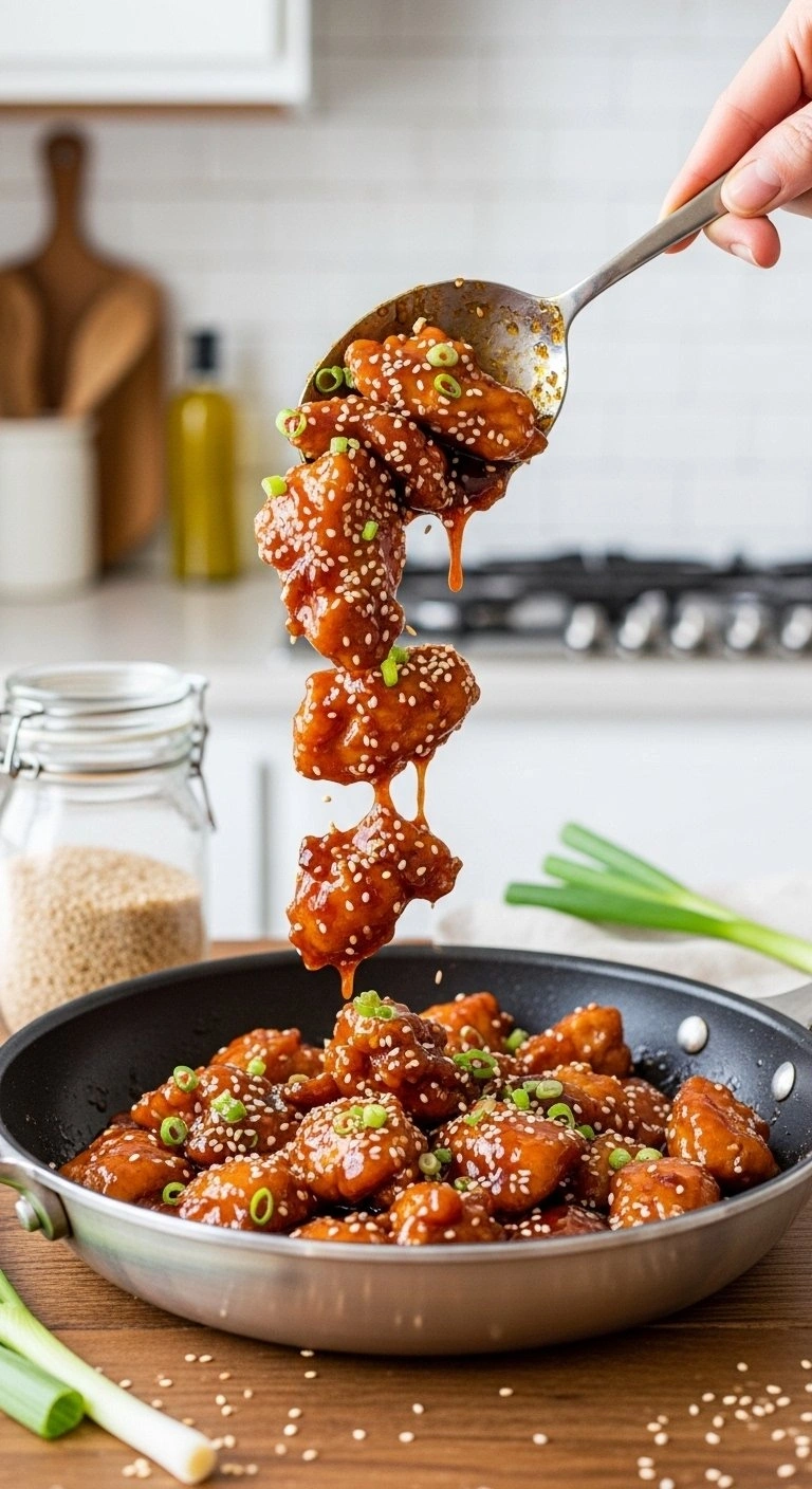 Succulent Orange Chicken Pieces Tossed In Sticky Glaze With Sesame Seeds And Green Onions In A Kitchen Skillet.