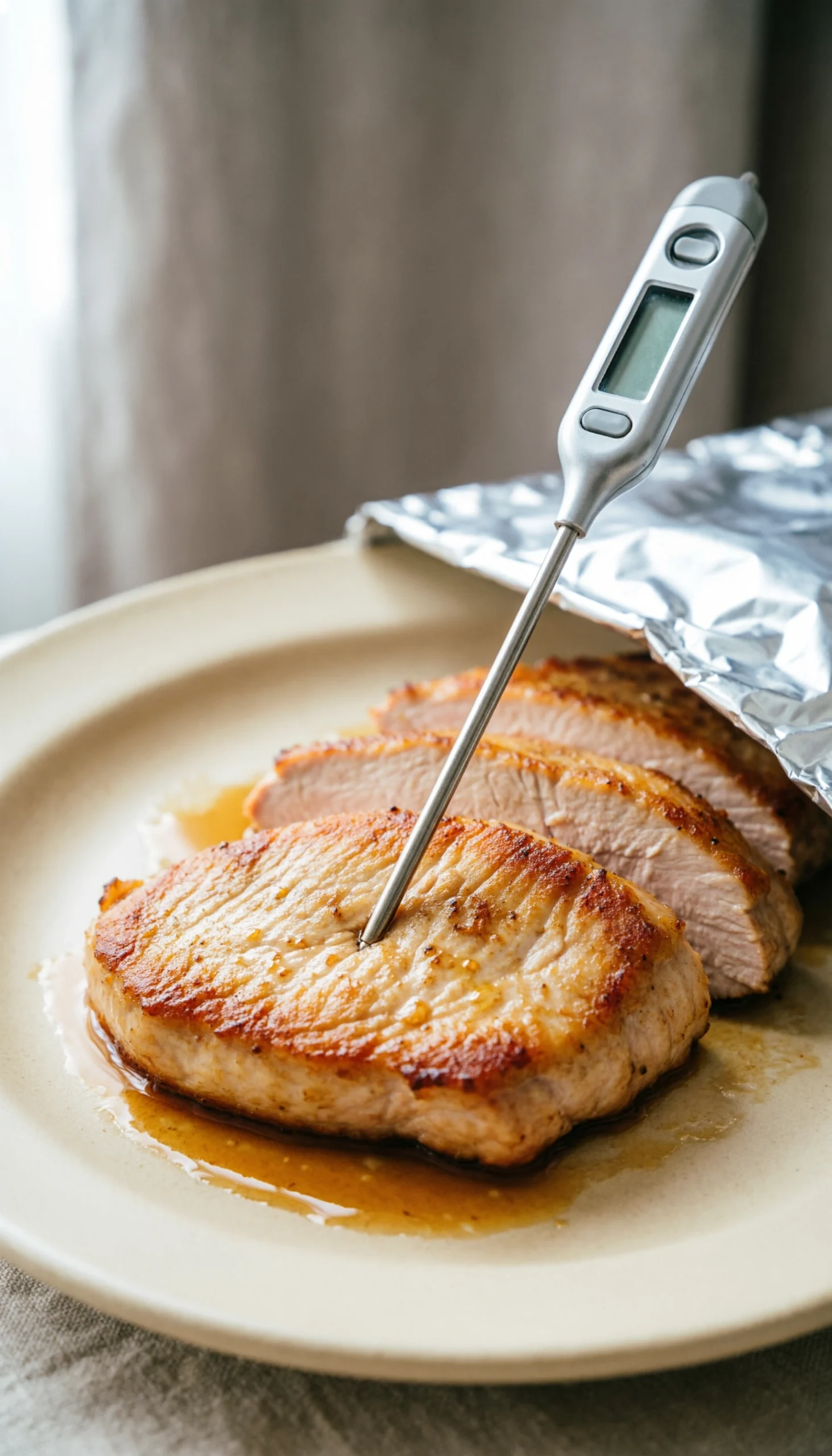 Succulent pan-seared turkey cutlets resting on a plate with an instant-read meat thermometer to ensure food safety.