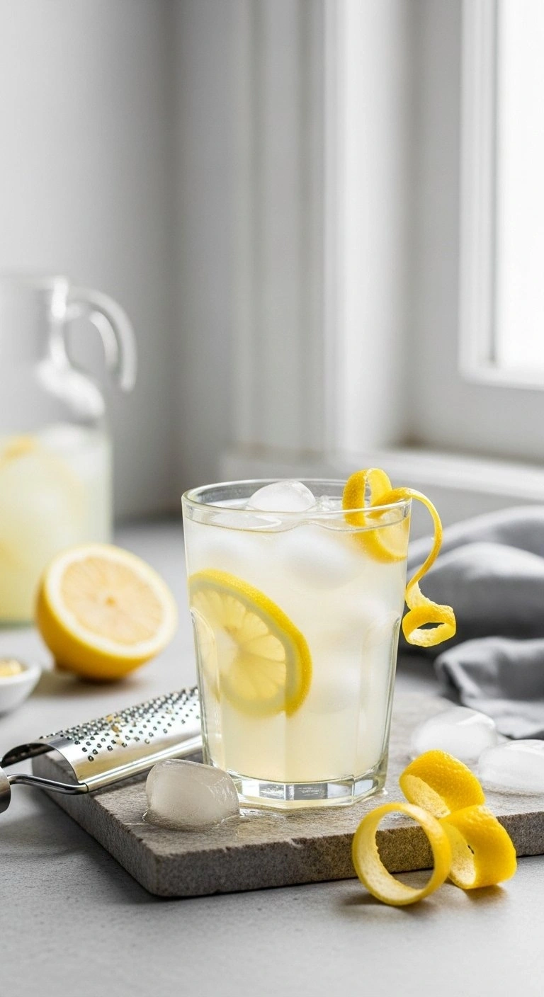 Sugar-Free Keto Lemonade In A Minimalist Glass With Lemon Zest Curls And Ice On A Modern Stone Surface.