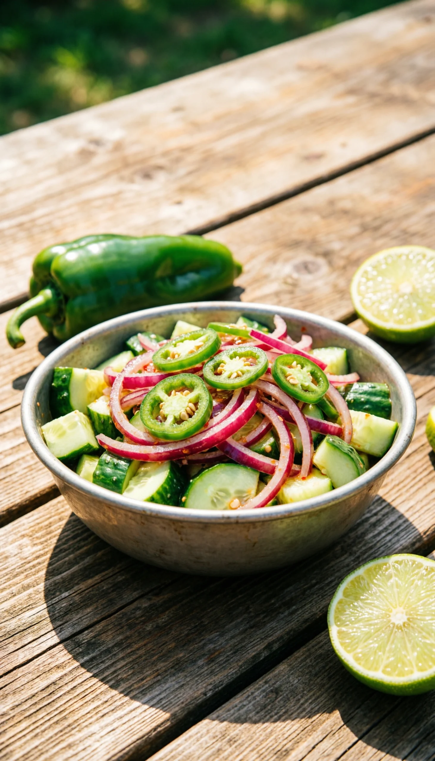 Sweet and spicy cucumber salad with sliced jalapeños and red onions in a rustic metal bowl on a sunny picnic table.