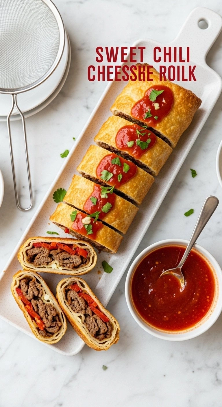Sweet Chili Glazed Philly Cheesesteak Egg Rolls With Dipping Sauce On A Polished White Marble Countertop.
