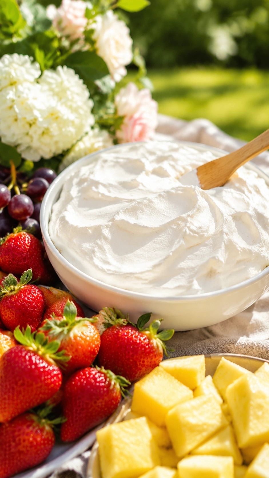 Sweet marshmallow cream cheese dip in a white bowl, surrounded by fresh strawberries, pineapple, and grapes.