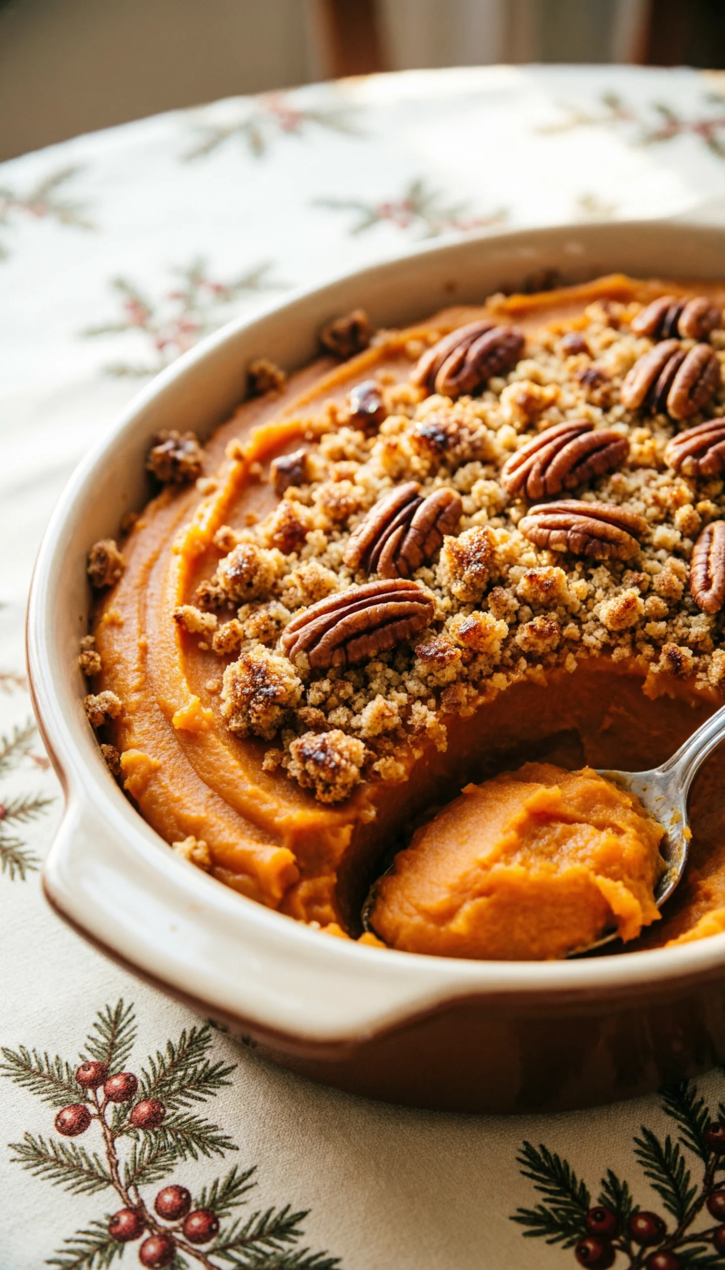 Sweet potato casserole, topped with crunchy pecan streusel, reveals its vibrant orange filling in a baking dish.