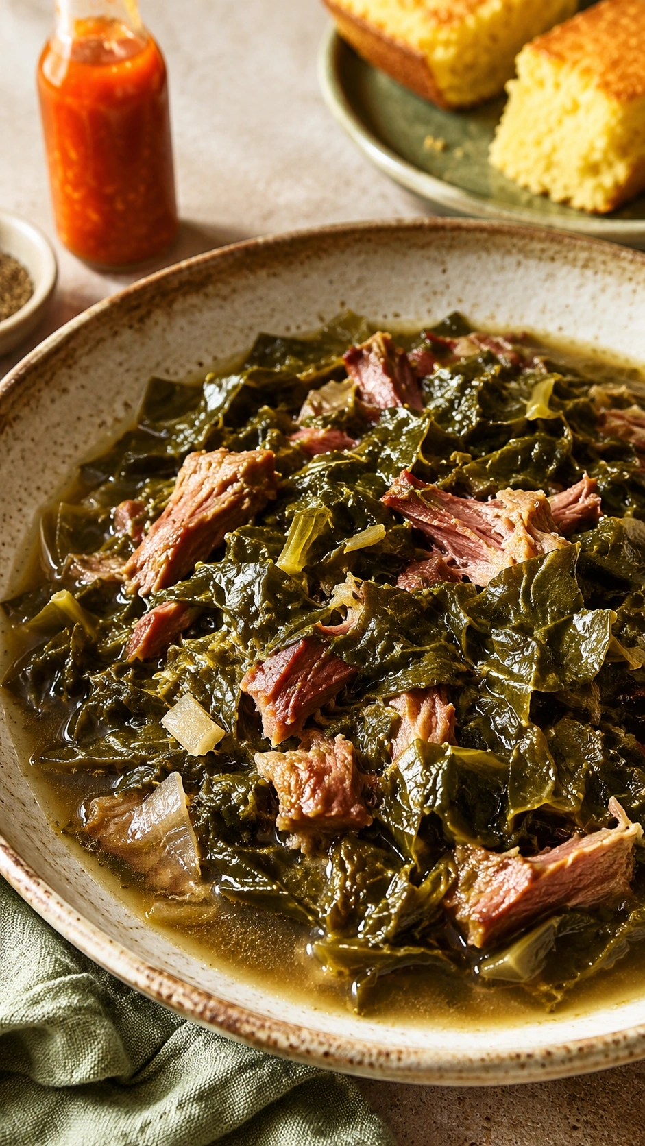 Tender, dark green slow cooker collard greens in rich potlikker with smoked turkey, served on a vintage plate.