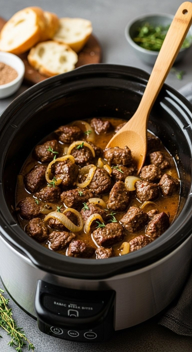 Tender Slow Cooker Steak Bites Swimming In Savory Garlic Butter Gravy With Fresh Thyme In A Black Ceramic Pot.