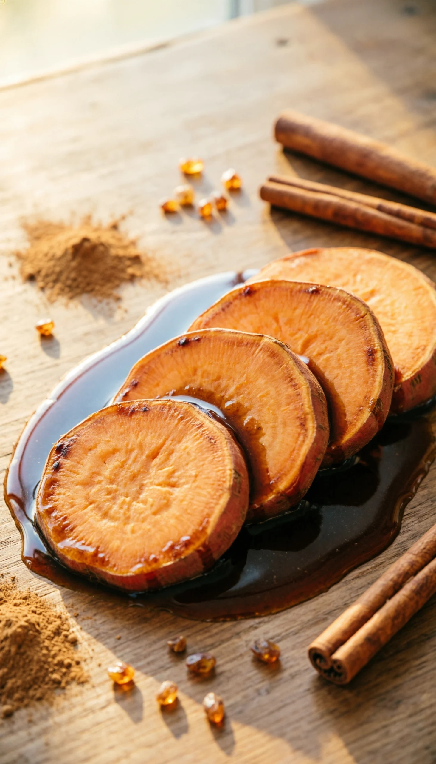 Tender slow cooker sweet potato rounds in glossy cinnamon-sugar syrup, garnished with cinnamon sticks on a wooden table.