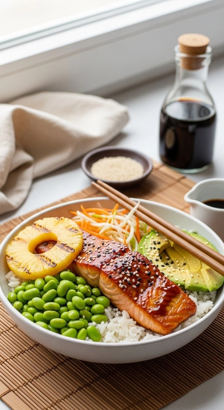 Teriyaki Pineapple Salmon Bowl With Jasmine Rice, Grilled Pineapple, Edamame, And Avocado, Served With Chopsticks On A Bamboo Placemat.