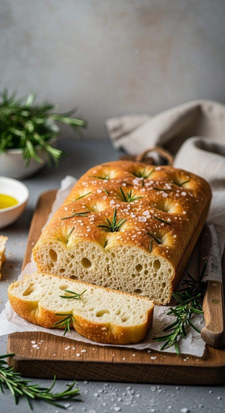 Thick, Airy Rosemary Focaccia Bread With Olive Oil Dimples, Sea Salt, And Fresh Rosemary On A Wooden Board.