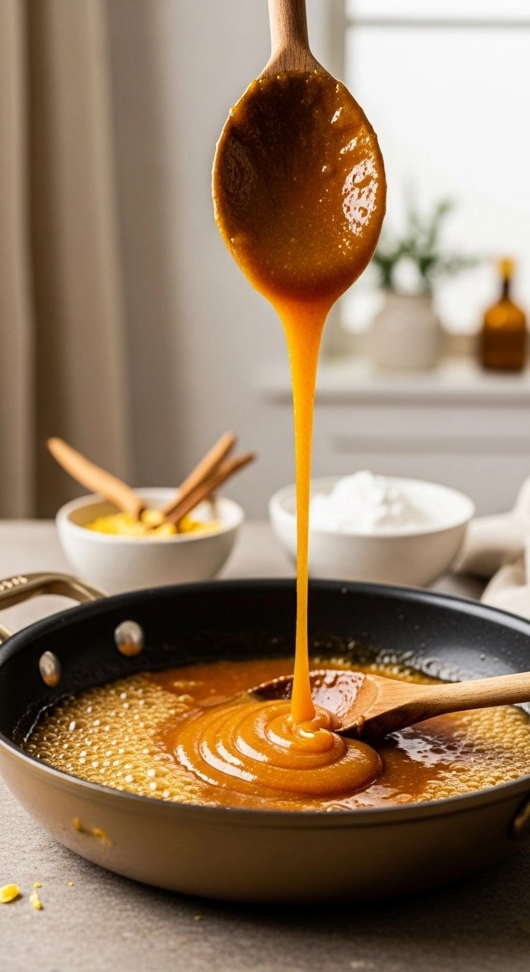 Thick Amber Orange Glaze Bubbling And Caramelizing In A Pan On A Stone Surface For A Sweet And Savory Chicken Recipe.