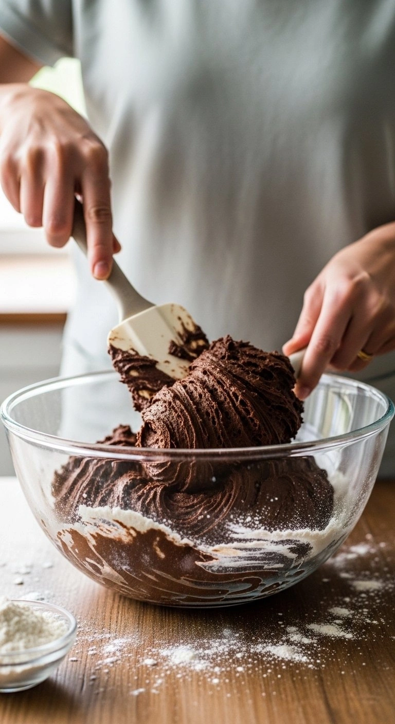 Thick Chocolate Cookie Dough With Visible Flour Streaks Being Gently Folded In A Glass Bowl With A Spatula On A Rustic Wooden Surface.