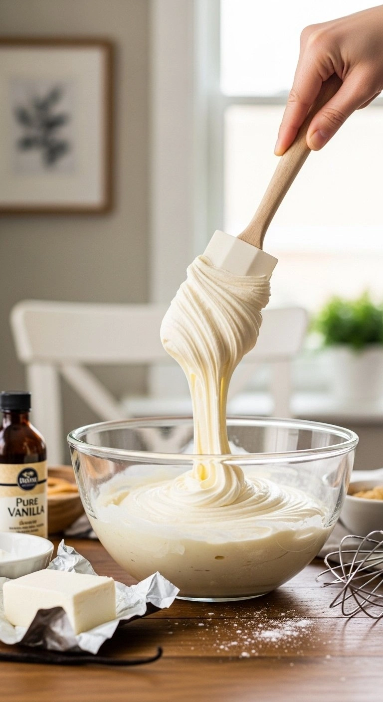 Thick Cream Cheese Cheesecake Filling Being Folded With A Silicone Spatula In A Glass Mixing Bowl On A Rustic Table.