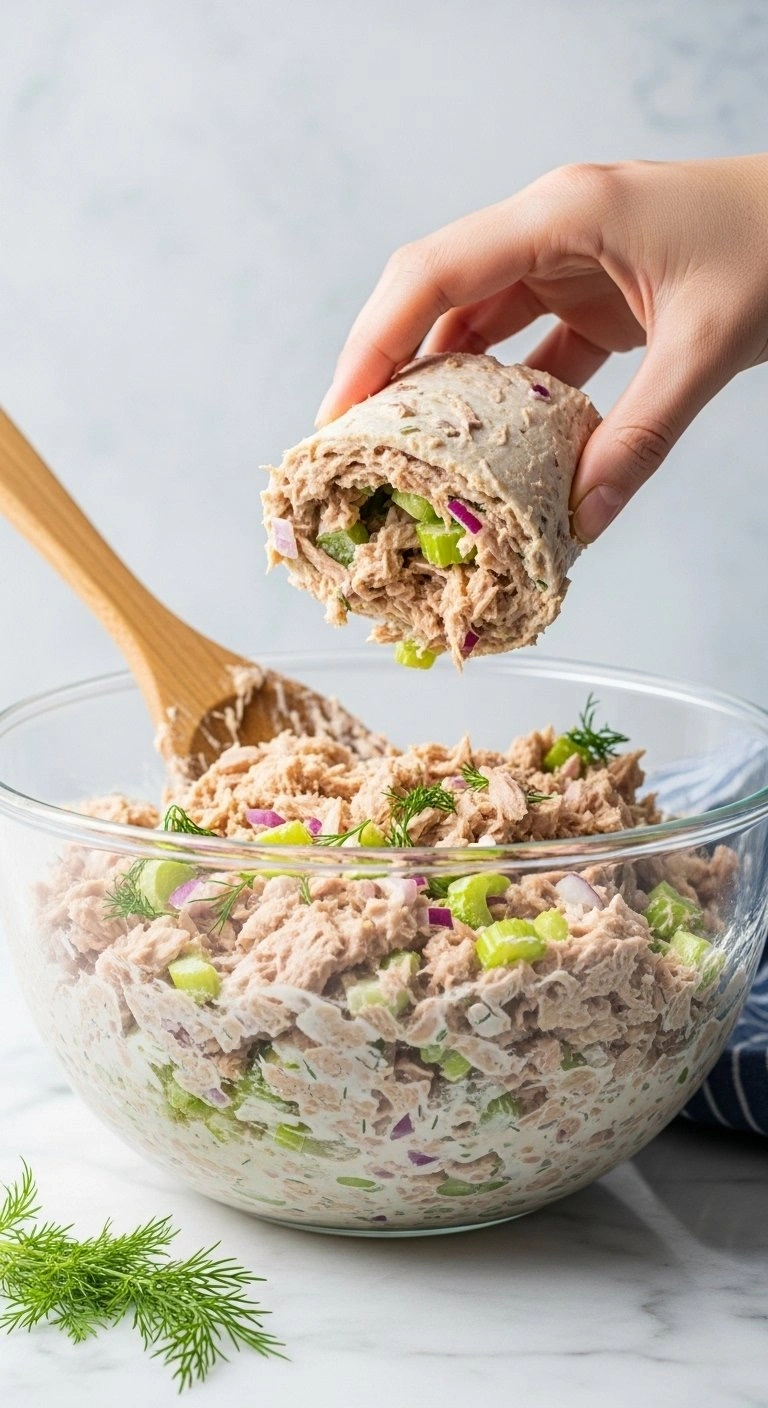 Thick, Creamy Tuna Salad With White Fish, Green Celery, And Purple Onion, Mixing In A Glass Bowl With A Spoon And Dill.