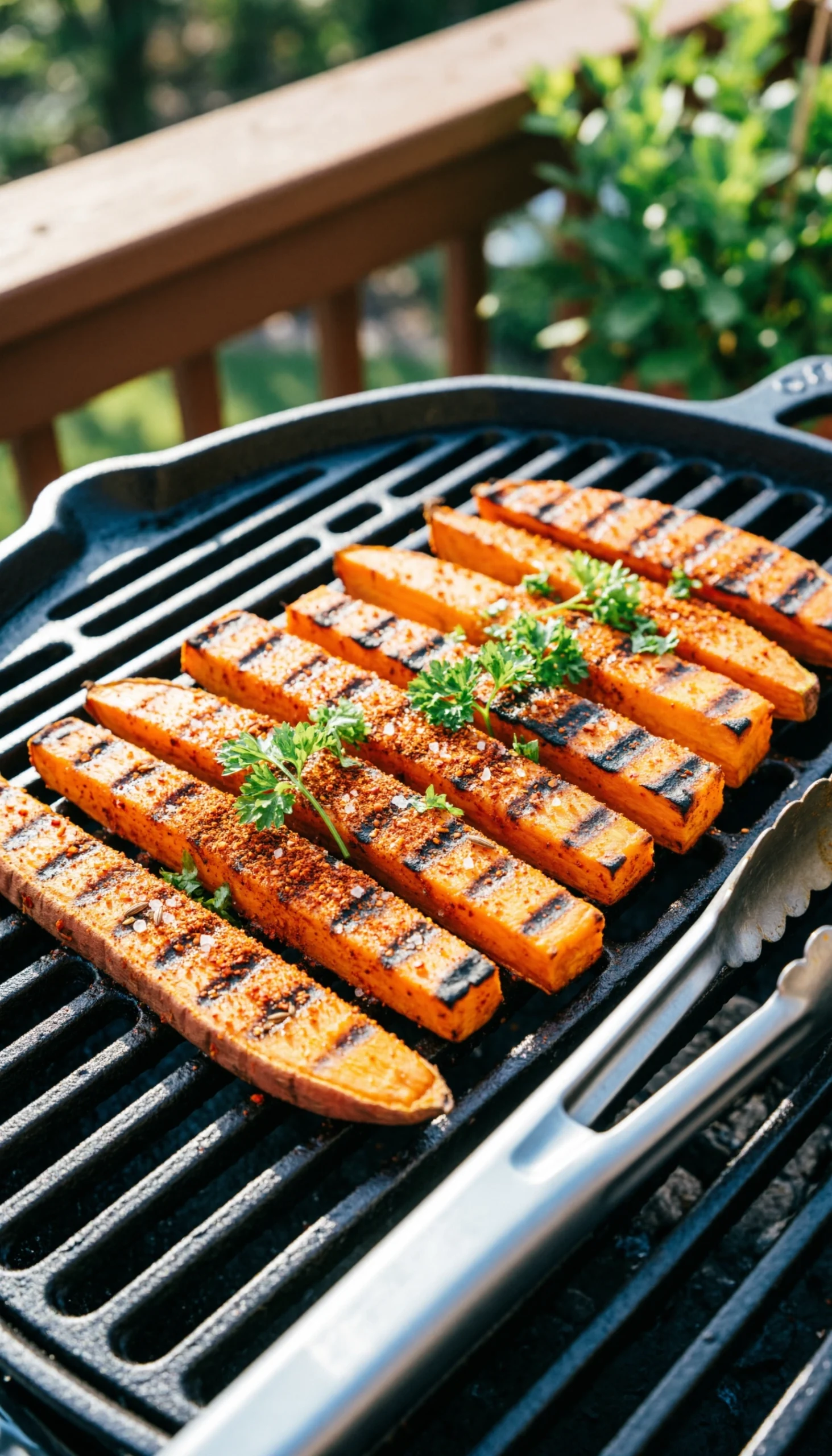 Thick-cut spicy roasted sweet potato wedges with grill marks and spices, cooking on a smoky cast-iron BBQ grate.