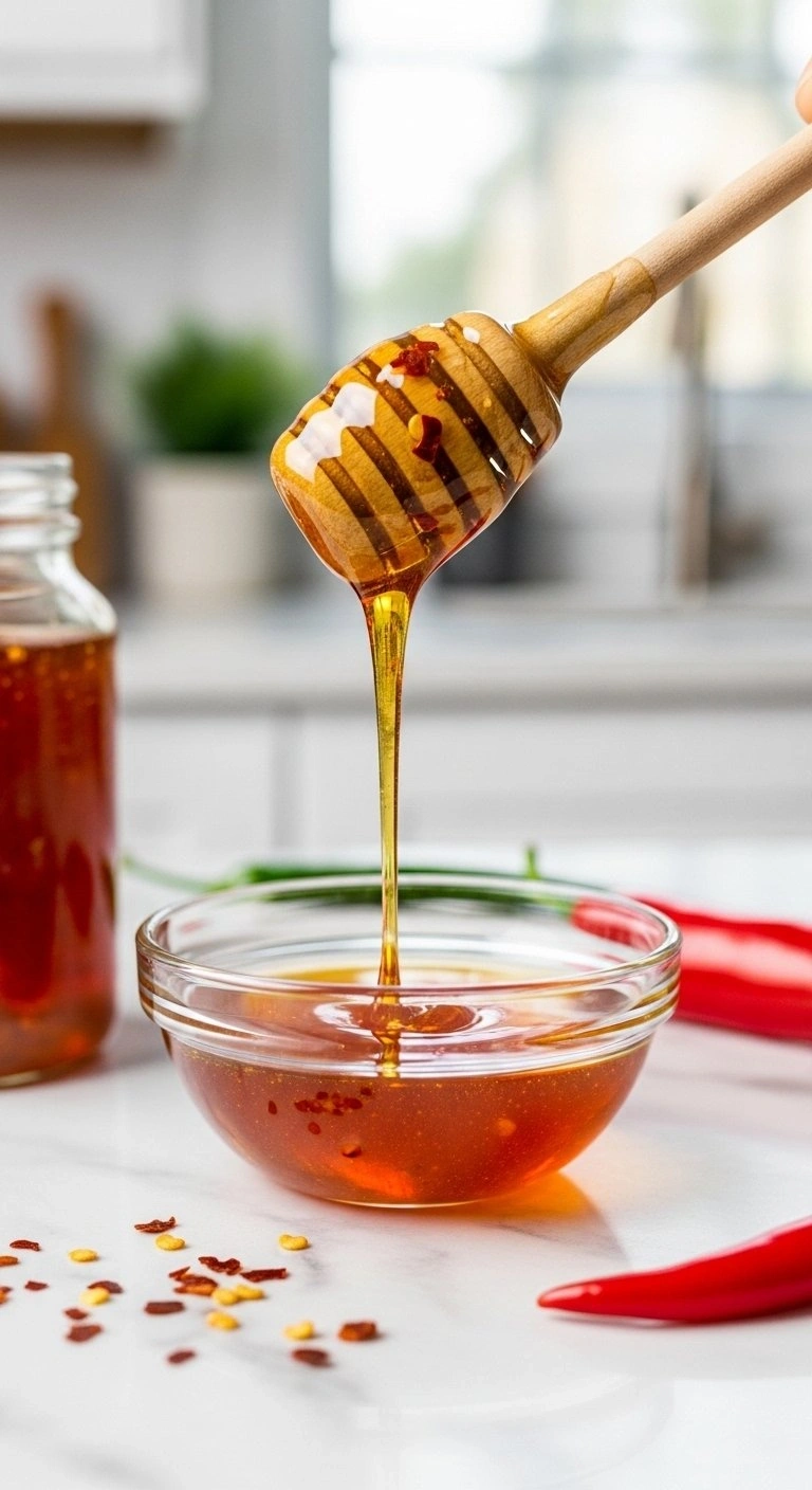 Thick Golden Hot Honey With Red Chili Flakes Slowly Drizzles From A Wooden Dipper Into A Glass Bowl On Marble.