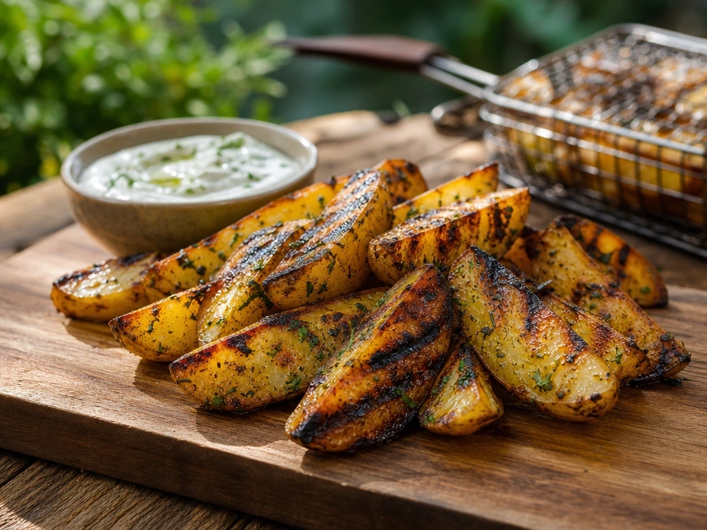 Thick grilled potato wedges with dark sear marks and fresh herbs served on a rustic wooden board with yogurt dip.
