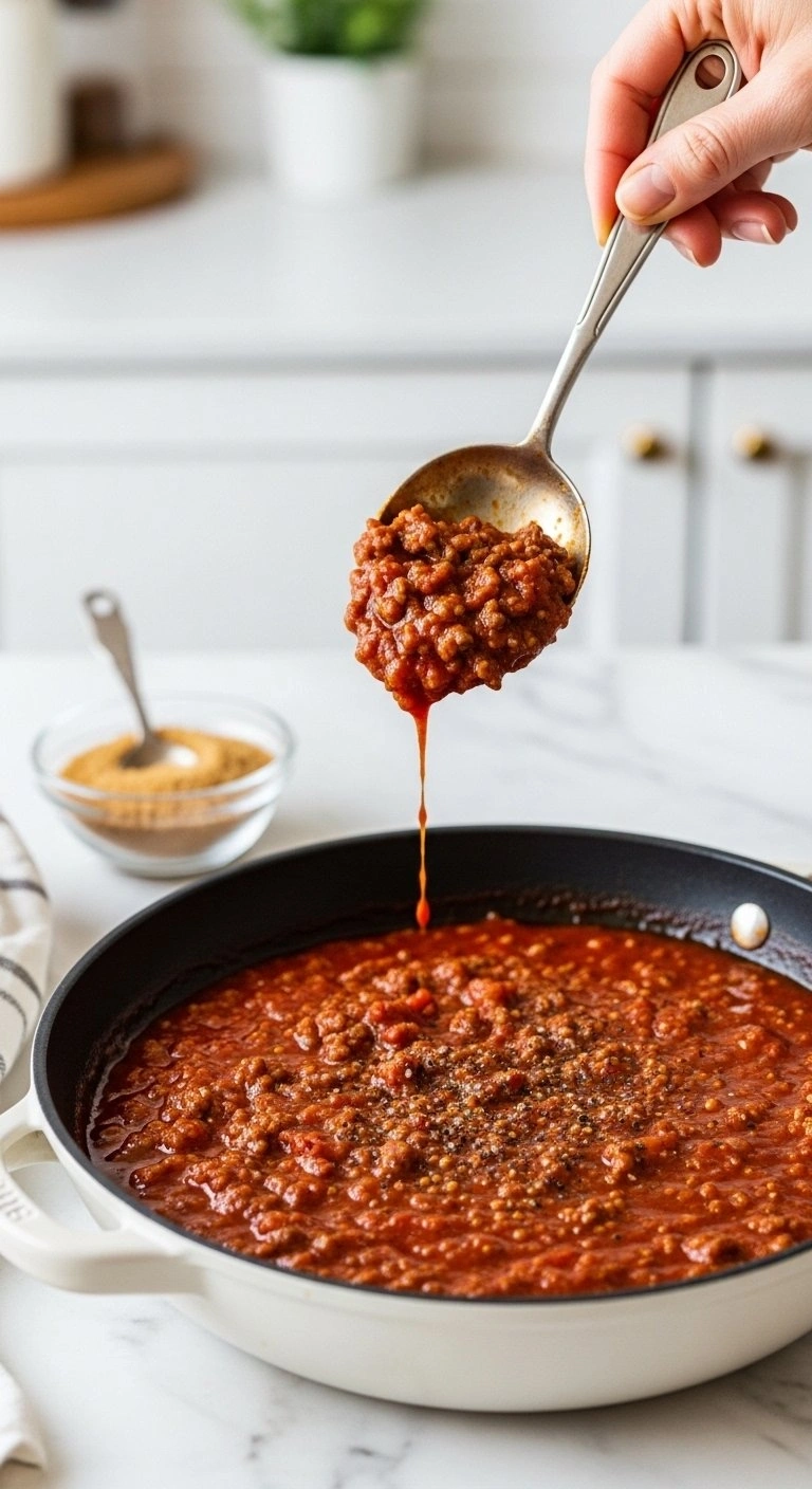 Thick Homemade Sloppy Joe Sauce Simmering In A Skillet With Glossy Tomato Red Colors On A White Marble Countertop.