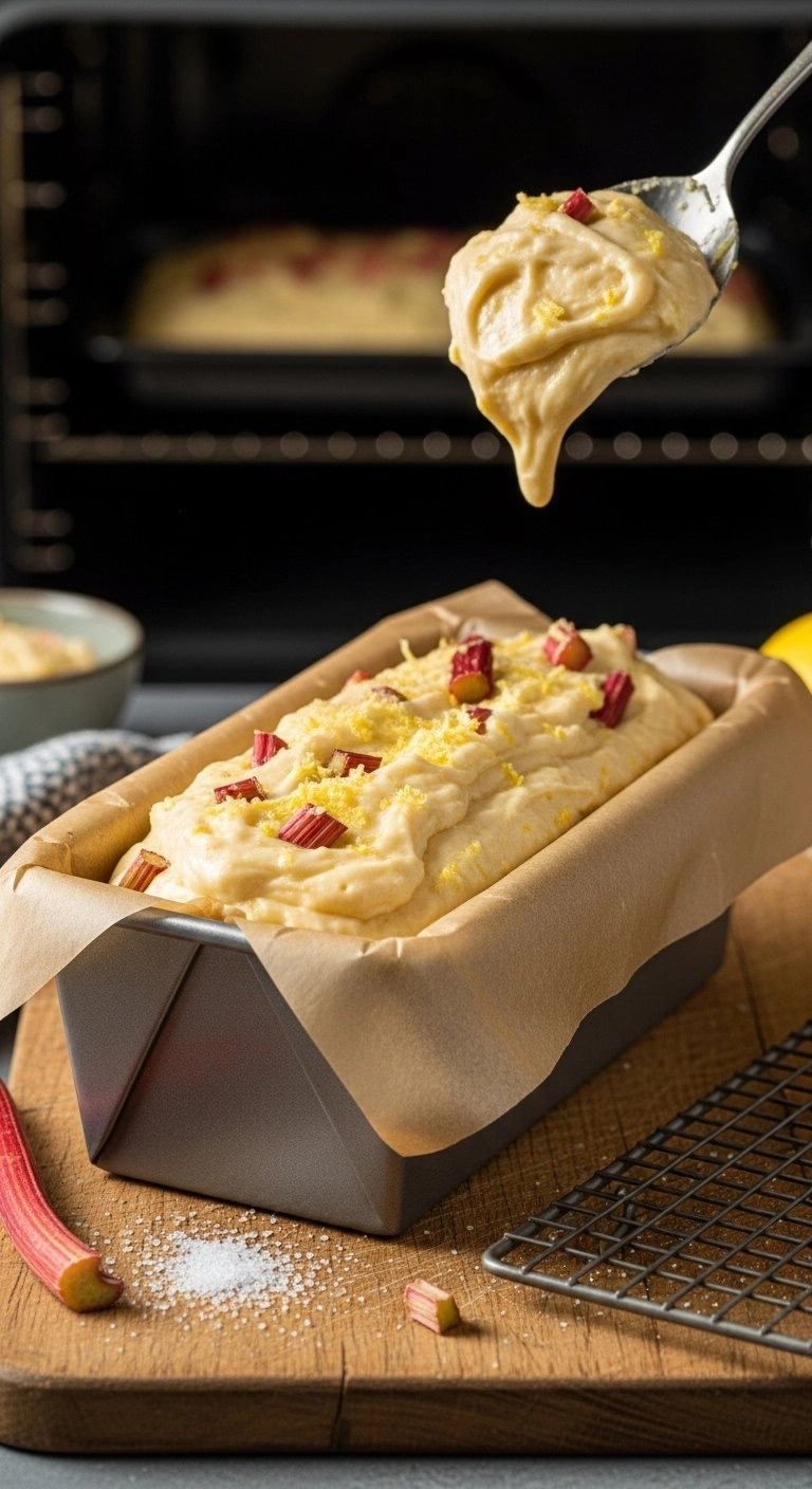 Thick Lemon Rhubarb Cake Batter Smoothed Into A Metal Loaf Pan Lined With Parchment Paper On A Rustic Wooden Board.