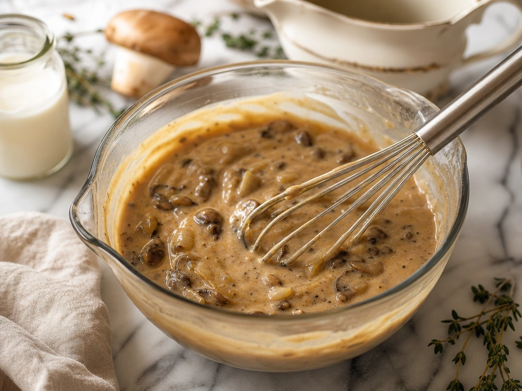 Thick mushroom and onion gravy being whisked in a glass bowl with a stainless steel whisk on a marble countertop.