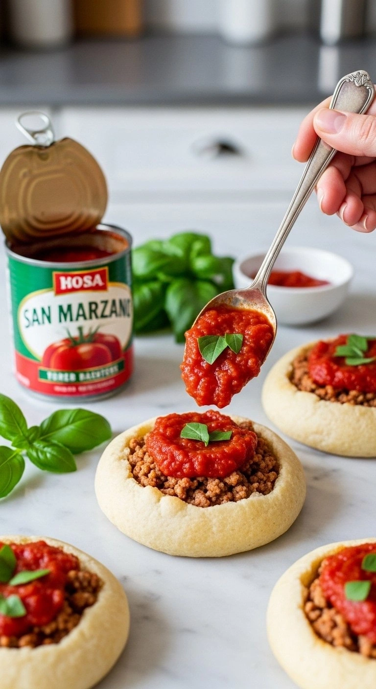 Thick Red Marinara Sauce Spooned Over Ground Beef Filling Inside A Round Pizza Dough Bomb On A Marble Surface.
