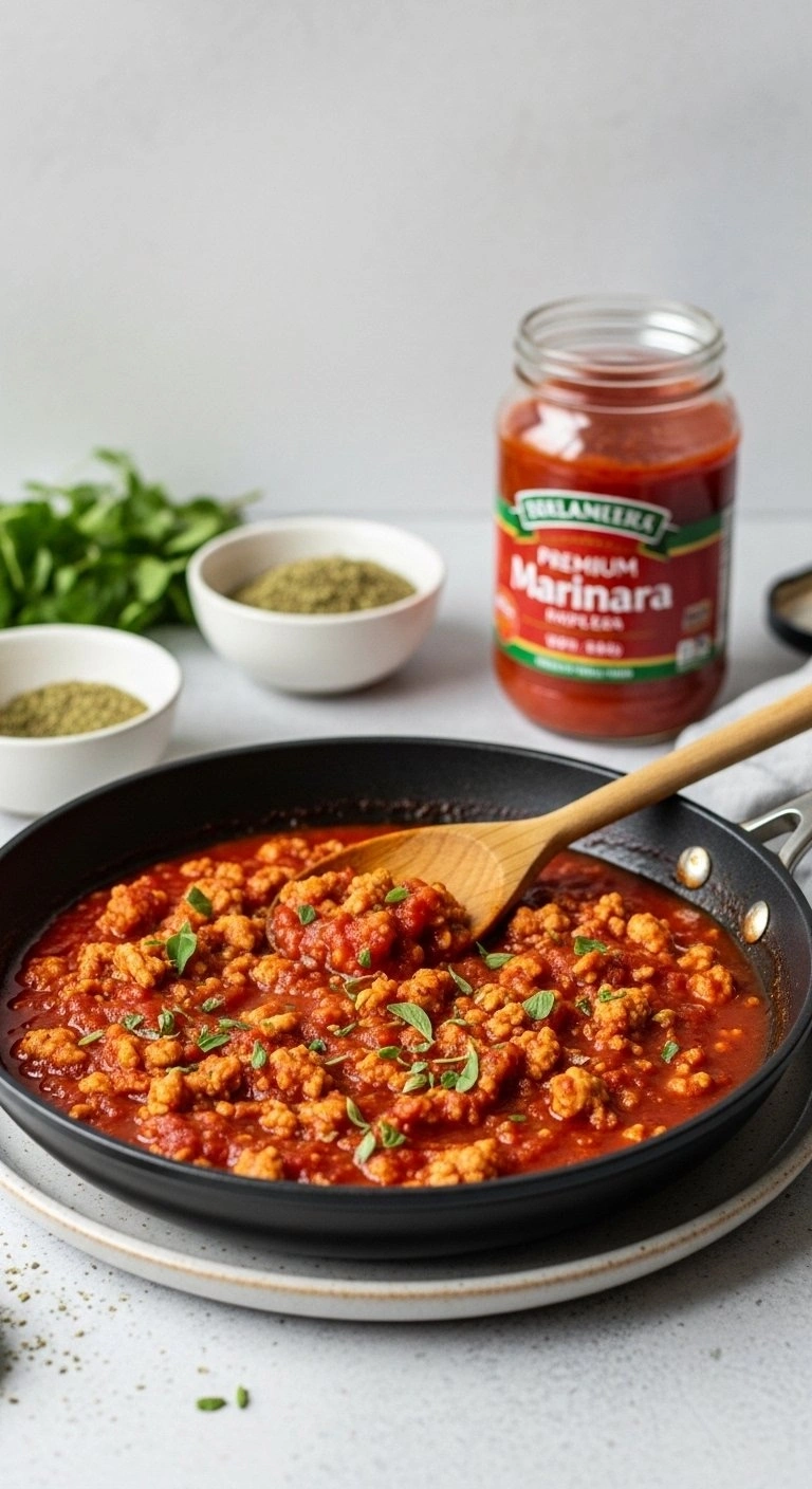 Thick Red Marinara Sauce With Ground Turkey And Italian Herbs Simmering In A Skillet For A Homemade Casserole.
