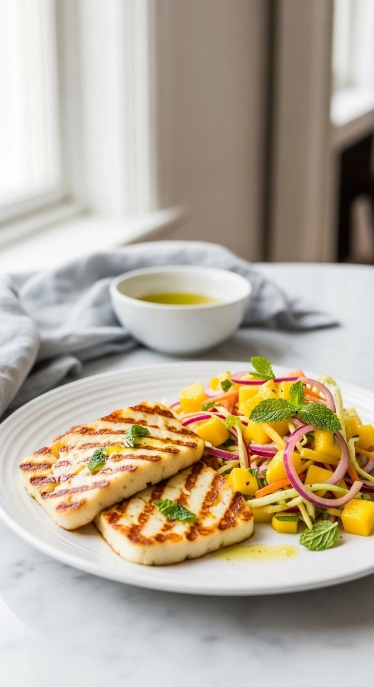 Thick Slices Of Grilled Halloumi Cheese With Golden Marks Served With Fresh Mango Slaw On A White Plate Over Marble.