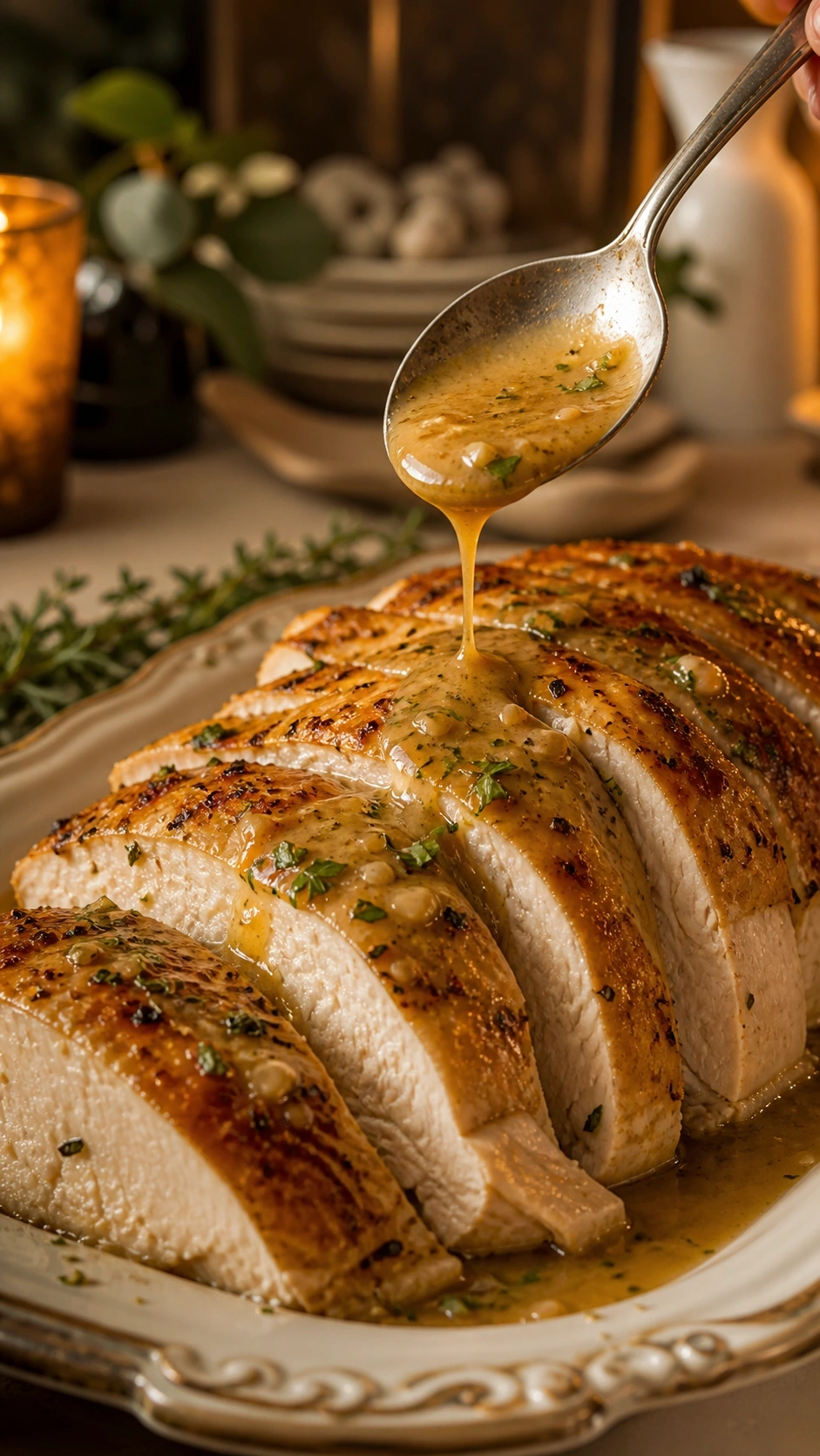 Thick slices of roasted turkey breast drizzled with savory garlic butter pan gravy on an elegant platter.