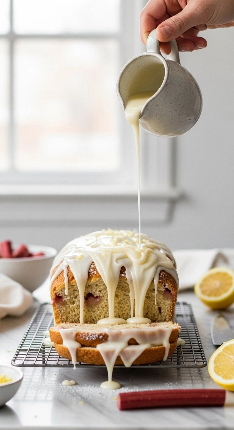 Thick White Lemon Glaze Drizzled Over A Golden Baked Rhubarb Loaf On A Wire Cooling Rack Against A Marble Background.