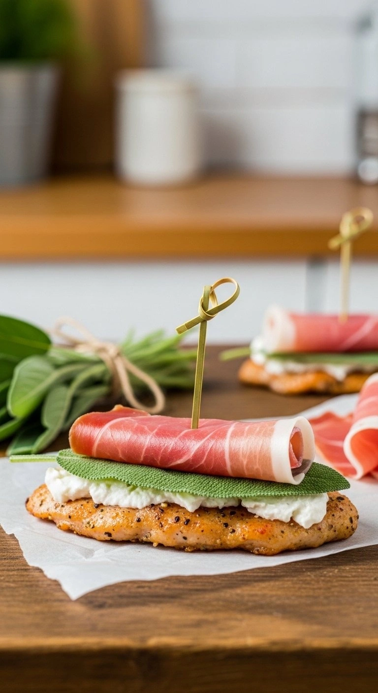 Thin Chicken Cutlet Layered With Fresh Sage And Prosciutto Di Parma On A Rustic Table For An Italian Recipe.