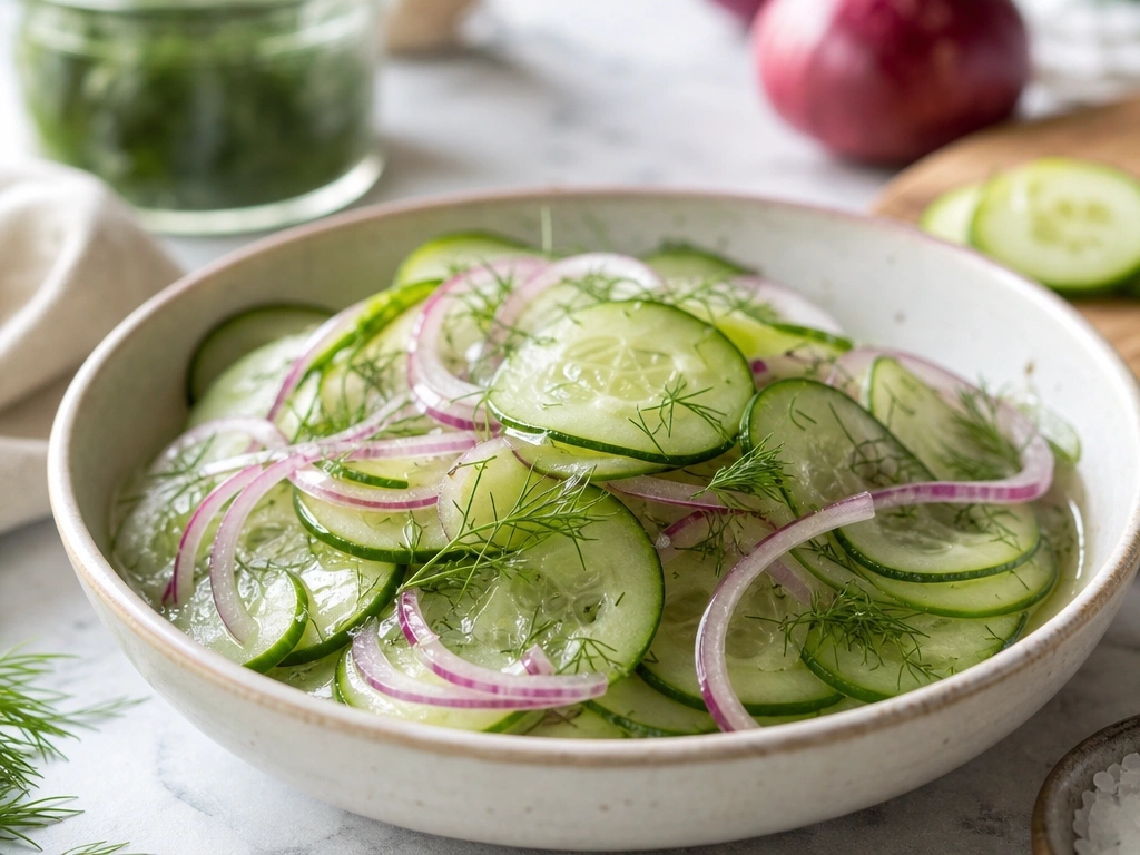 Thinly sliced cucumber and red onion salad with fresh dill in a ceramic dish on a white marble countertop.