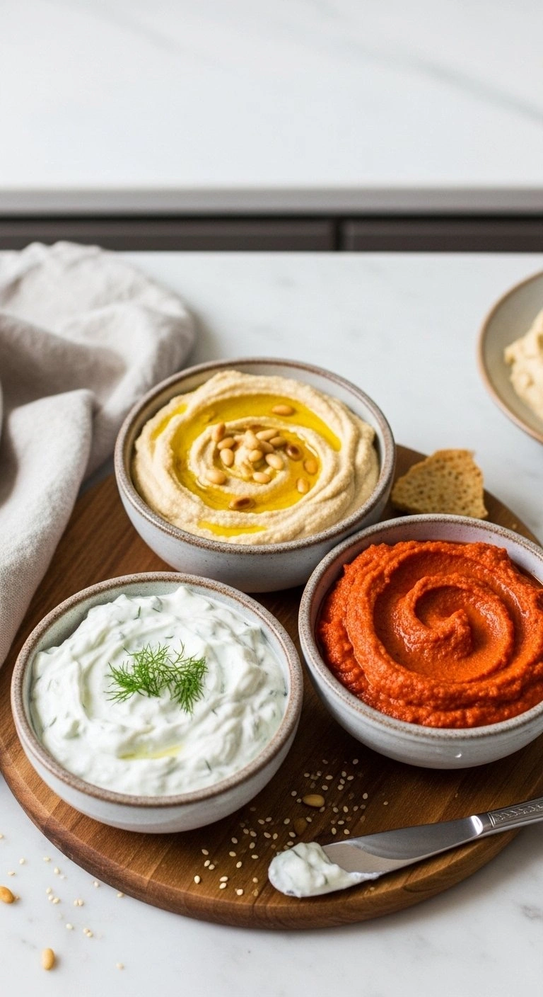 Three Ceramic Bowls Filled With Creamy Hummus, Fresh Tzatziki, And Red Pepper Dip On A Marble And Wood Surface.