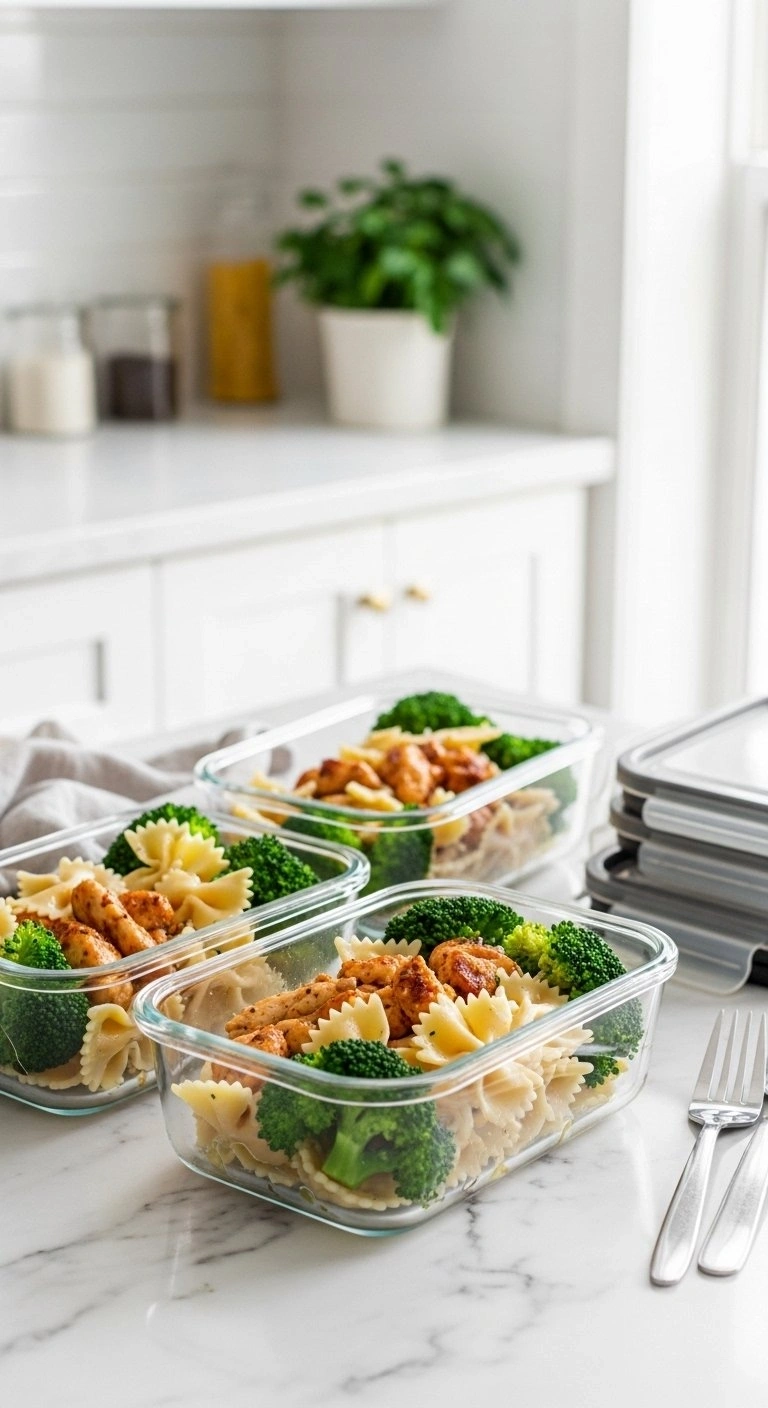 Three Glass Meal Prep Containers Hold Perfectly Portioned Cowboy Butter Lemon Bowtie Chicken Pasta And Vibrant Broccoli.