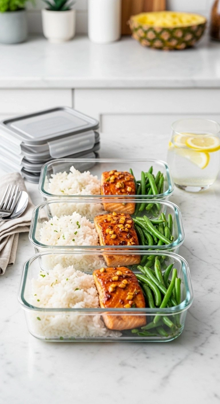Three Glass Meal Prep Containers With Glazed Salmon Fillets, Coconut Rice, And Roasted Green Beans On A Marble Countertop For Healthy Eating.