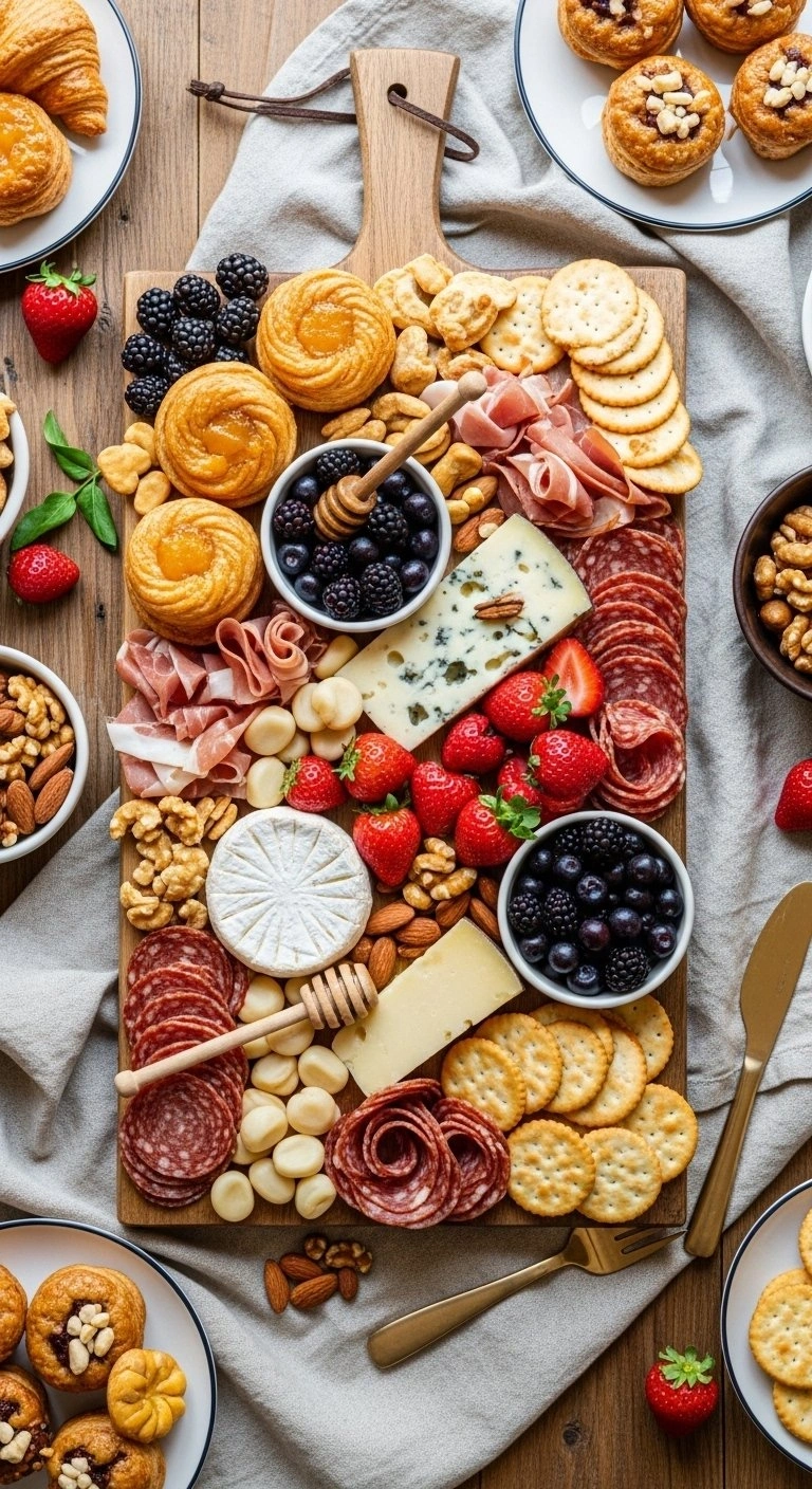 Top-Down Flat Lay Of A Luxury Brunch Charcuterie Board With Artisanal Cheeses, Pastries, And Fresh Summer Fruits.