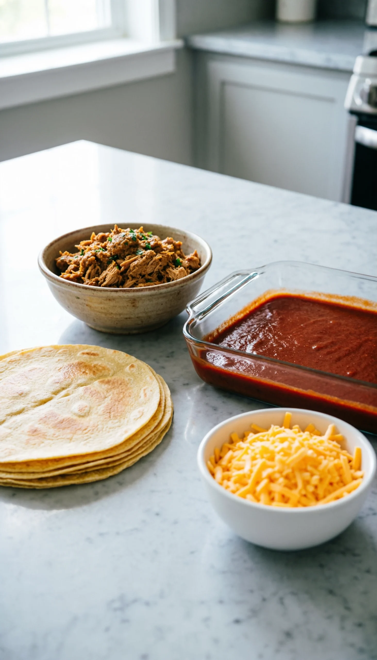 Top-down flat lay of an organized enchilada assembly line with tortillas, turkey filling, sauce, and shredded cheese.