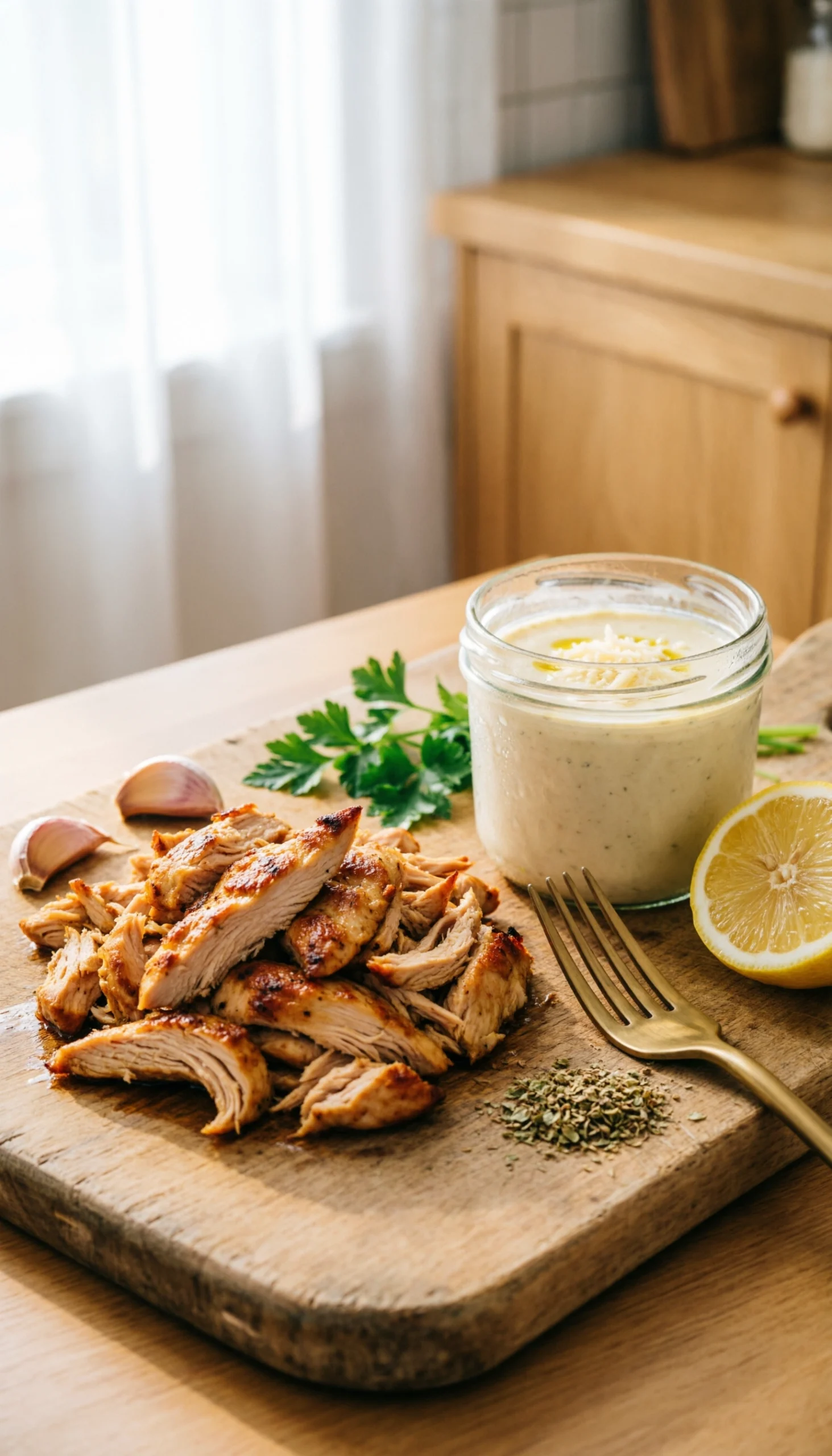 Top-down flat lay of shredded rotisserie chicken and Alfredo sauce on a rustic wooden board for a weeknight dinner.