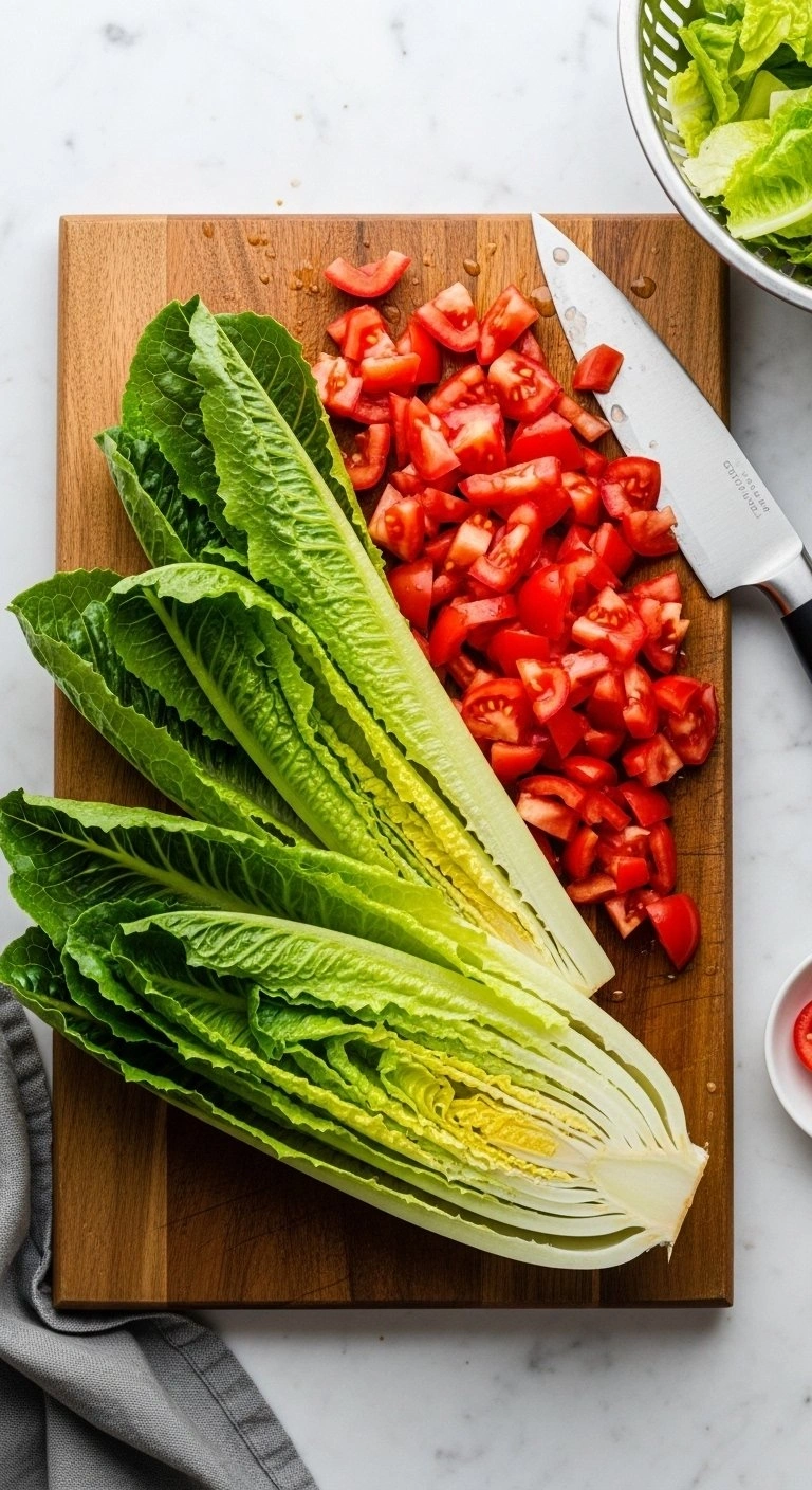 Top-Down Of Crisp Green Romaine Lettuce And Vibrant Red Diced Tomatoes On A Wooden Cutting Board For Fresh Healthy Meals.