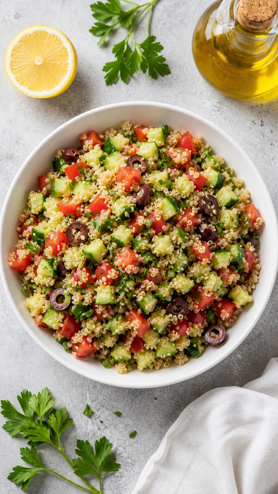 Top-down view of a Mediterranean quinoa salad with cucumber, tomatoes, and olives in a white bowl on gray stone.