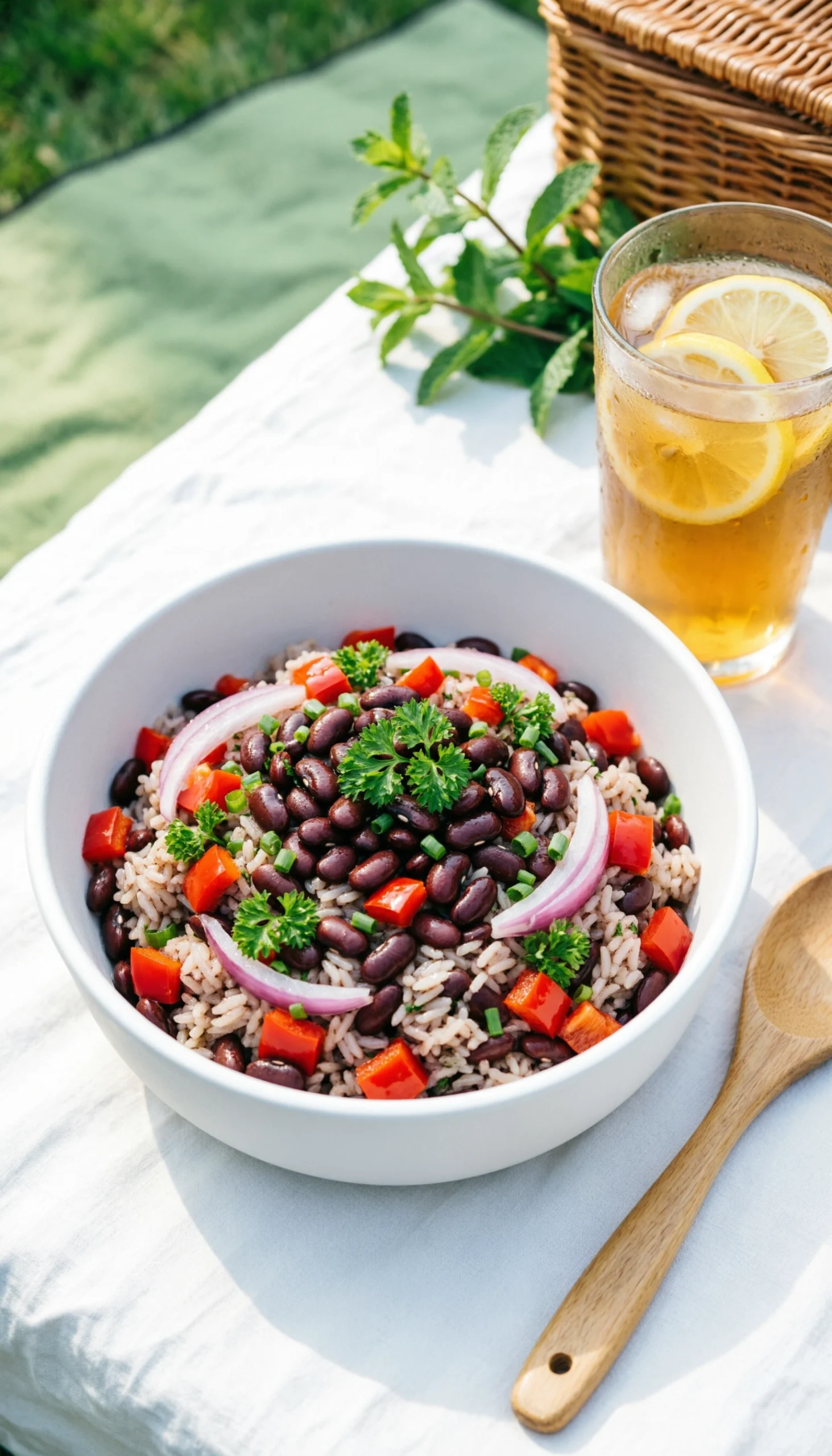 Top-down view of a colorful Caribbean black bean rice salad with red peppers and herbs on a white linen tablecloth.