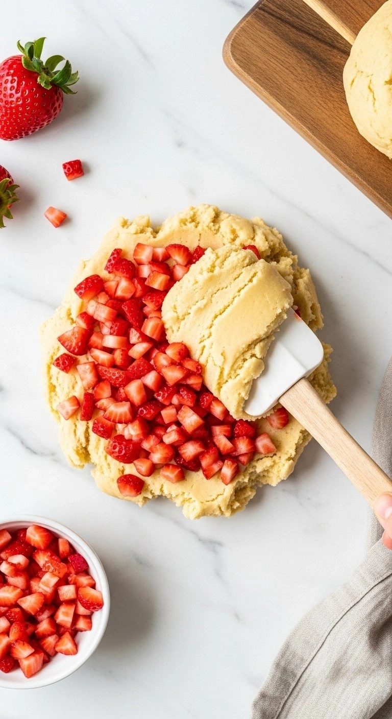 Top-Down View Of Fresh Diced Strawberries Being Folded Into Cookie Dough With A Silicone Spatula On A Marble Counter.