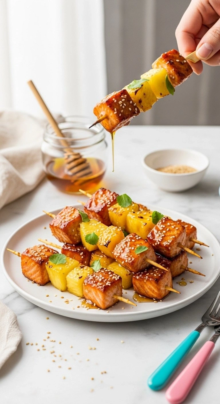 Top-Down View Of Golden-Brown Salmon And Pineapple Skewers With Honey Glaze And Sesame Seeds On A White Plate, Perfect For Kid-Friendly Appetizers.