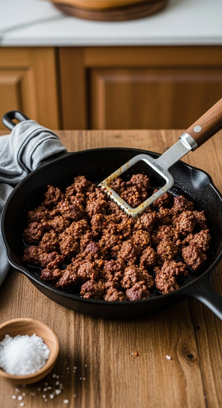 Top-Down View Of Savory Seasoned Ground Beef Browning And Sizzling In A Black Cast Iron Skillet On A Rustic Wooden Table.