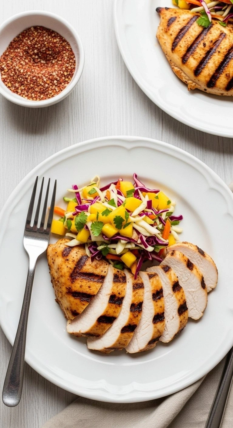 Top-Down View Of Sliced Grilled Chicken Topped With Fresh Mango Slaw On A White Plate Over A Light Wood Table.
