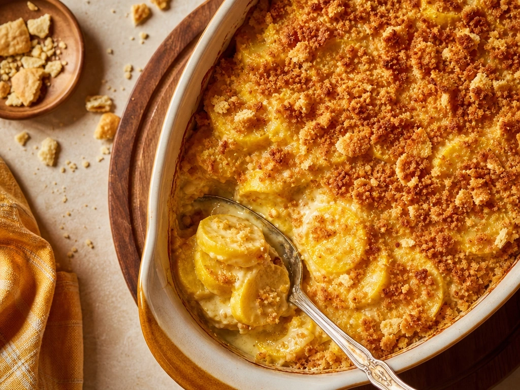 Traditional Southern squash casserole with creamy cheese sauce and crispy cracker crust in an heirloom ceramic baking dish.