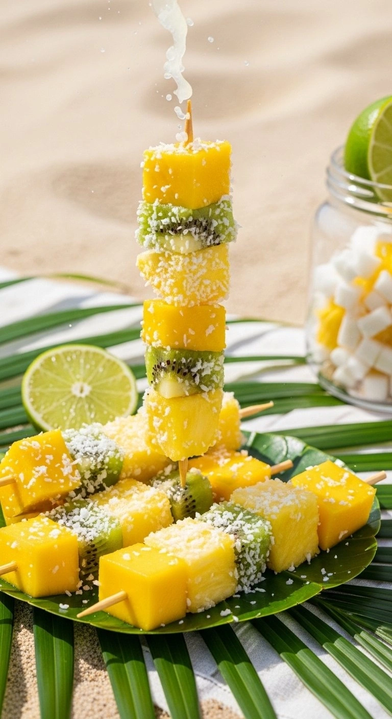 Tropical Fruit Kebabs With Mango, Kiwi, And Pineapple Topped With Coconut Flakes On A Palm Leaf At A Sandy Beach Picnic.