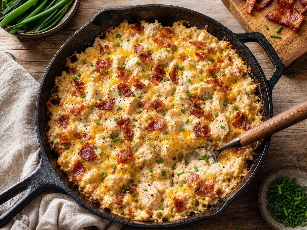 Turkey bacon ranch skillet casserole with melted cheese, crispy bacon, and chives in a black cast iron pan.