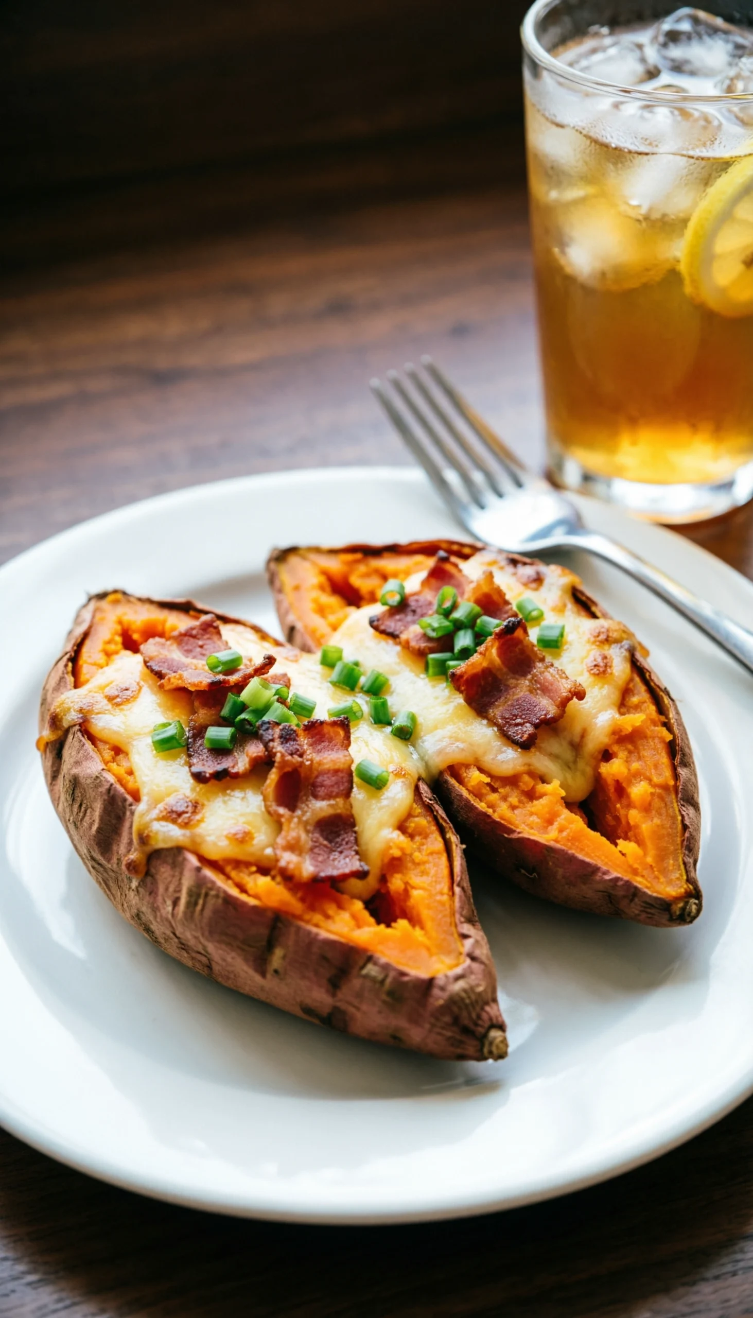Twice-baked sweet potatoes with melted cheese, crispy bacon bits, and green onions on a white ceramic plate.